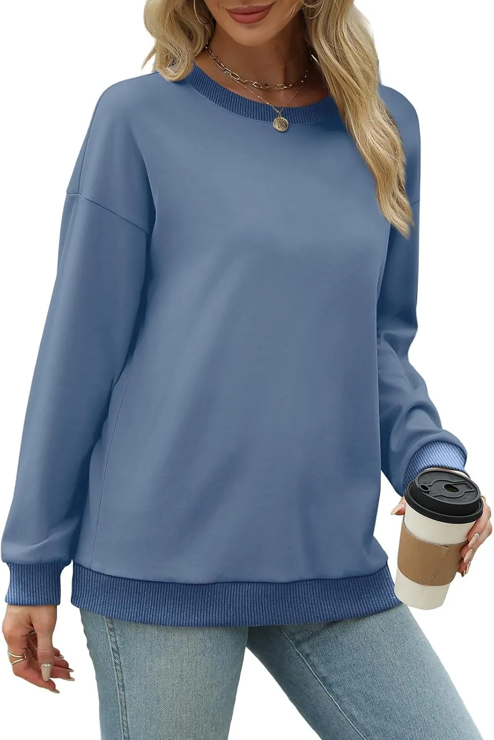 Womens Crewneck Sweatshirts Long Sleeve Tops Color Block Ribbed Trim Fashion 2024 Clothes Outfits For Women 2024