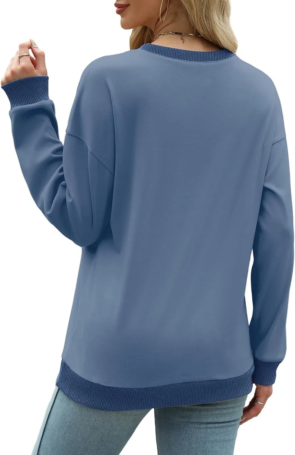 Womens Crewneck Sweatshirts Long Sleeve Tops Color Block Ribbed Trim Fashion 2024 Clothes Outfits For Women 2024