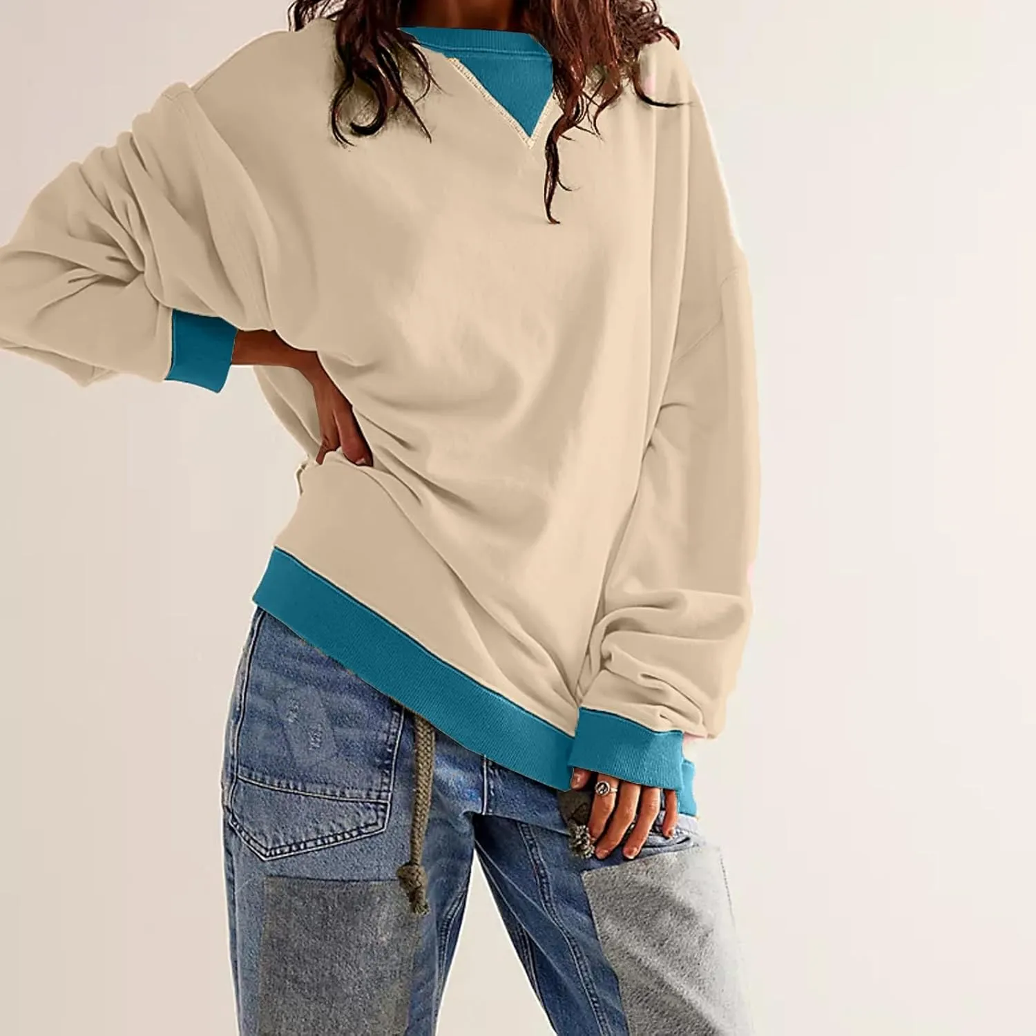 Womens Fall Oversized Crewneck Sweatshirt Classic Colorblock Long Sleeve Tops Casual Pullover Shirts Y2K Clothes