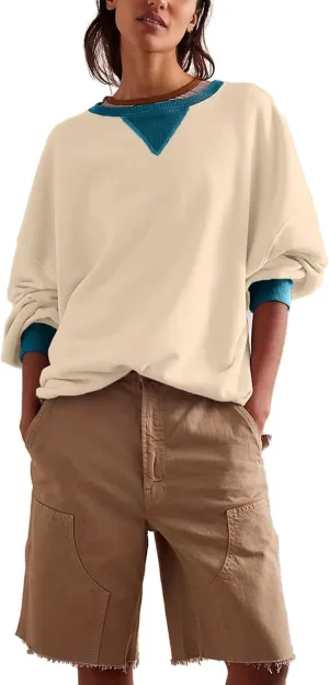 Womens Fall Oversized Crewneck Sweatshirt Classic Colorblock Long Sleeve Tops Casual Pullover Shirts Y2K Clothes