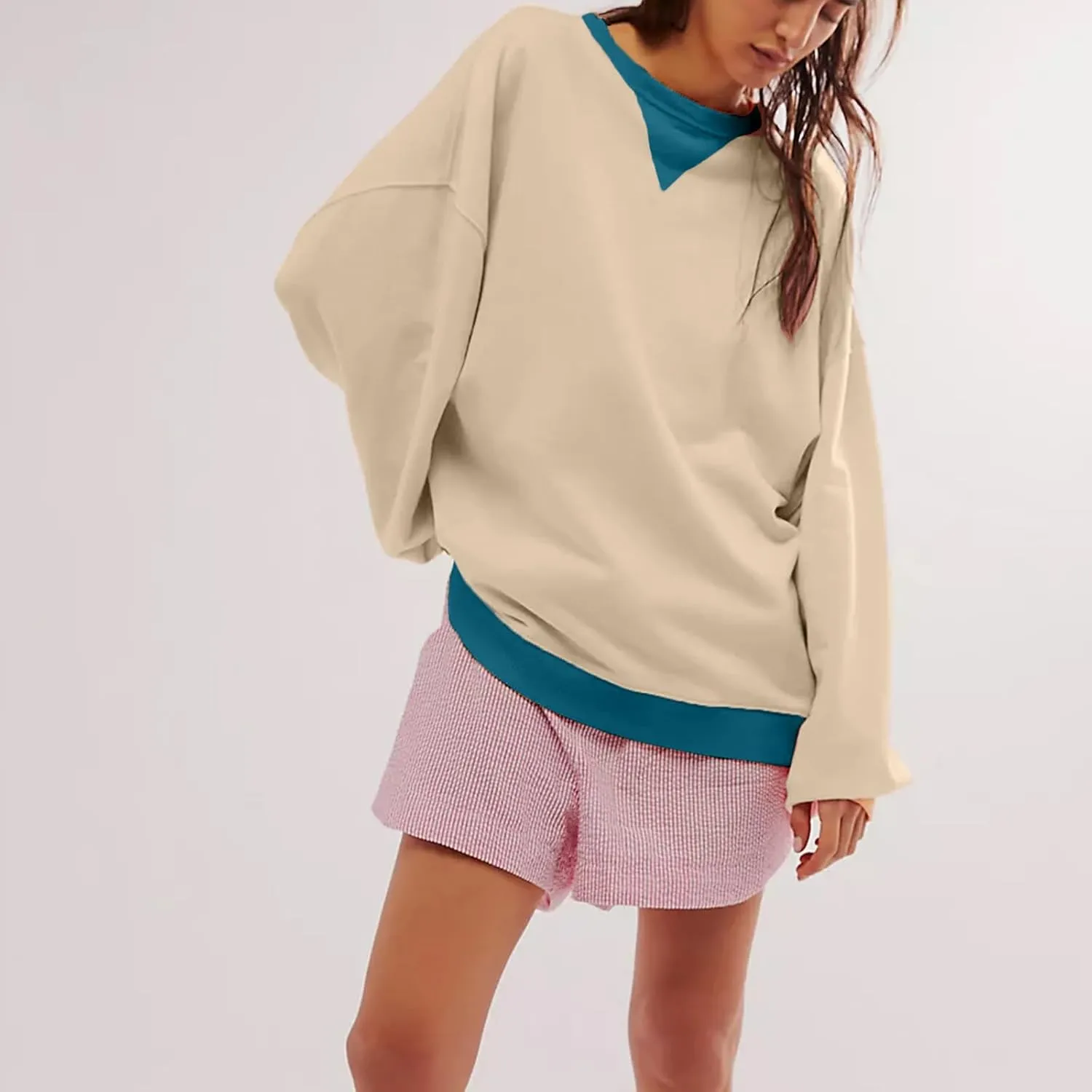 Womens Fall Oversized Crewneck Sweatshirt Classic Colorblock Long Sleeve Tops Casual Pullover Shirts Y2K Clothes