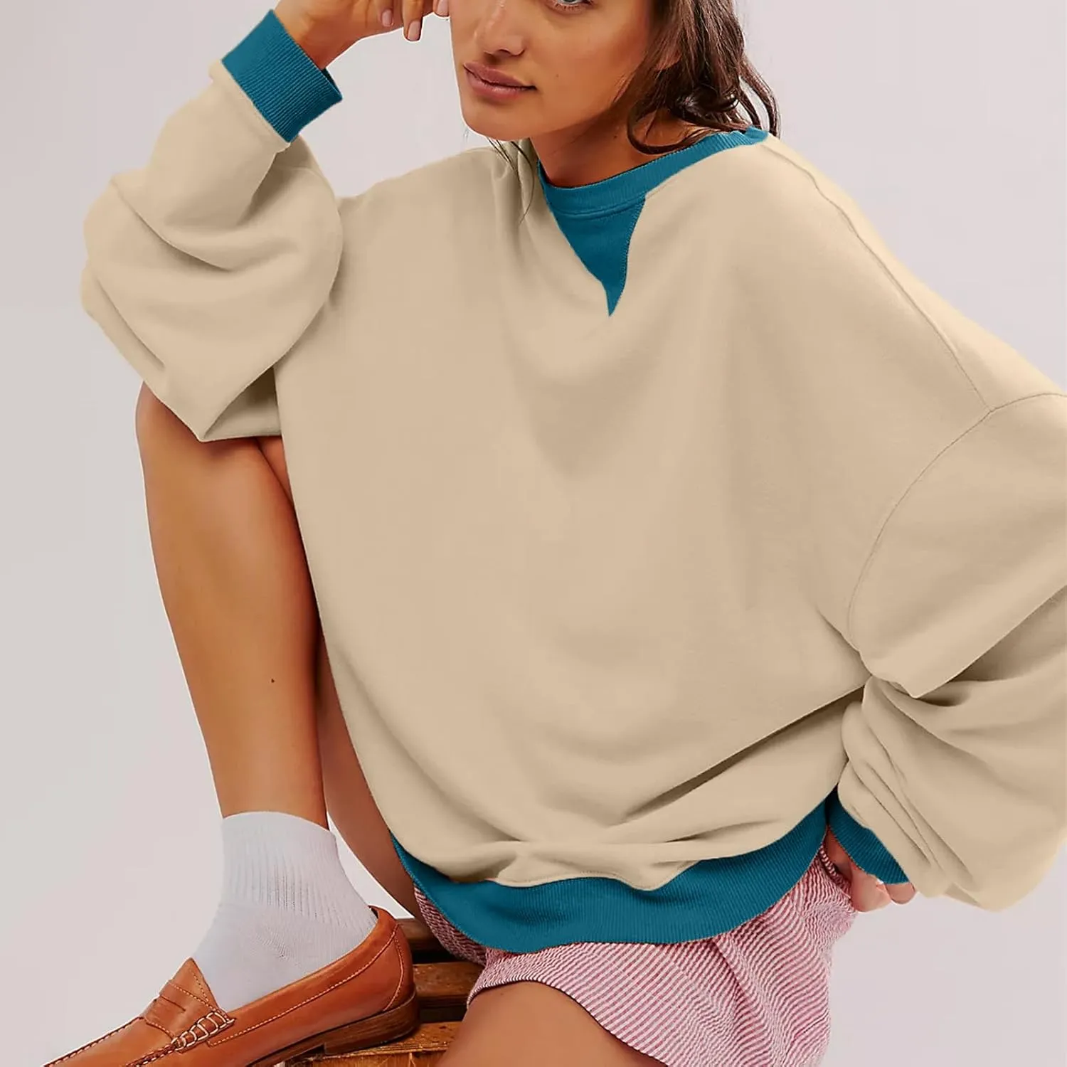 Womens Fall Oversized Crewneck Sweatshirt Classic Colorblock Long Sleeve Tops Casual Pullover Shirts Y2K Clothes