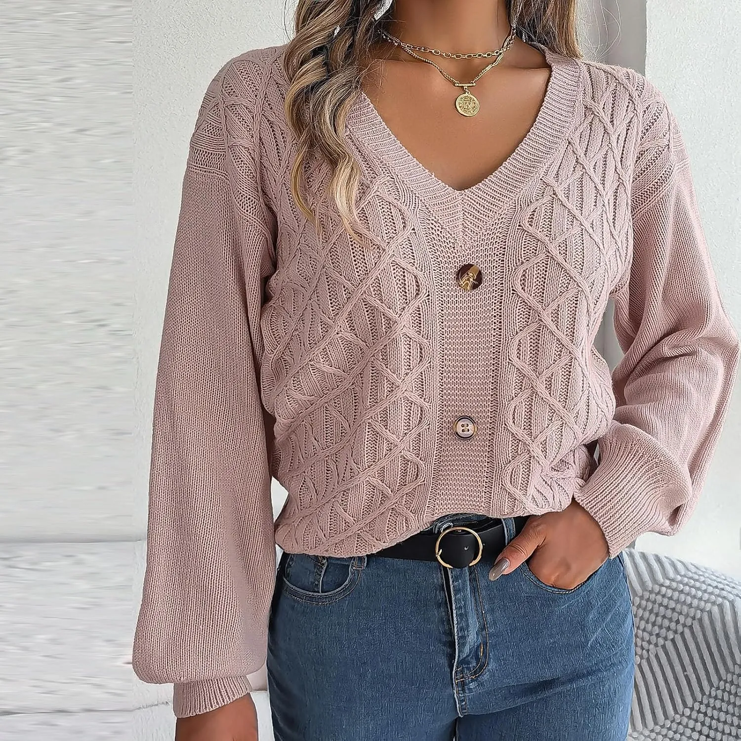 Women's Fall Tops 2024 Fashion Button V Neck Lantern Sleeve Shirts Blouse Knitted Casual Pullover Sweater Tops Cozy