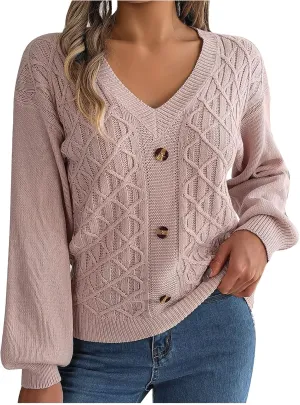 Women's Fall Tops 2024 Fashion Button V Neck Lantern Sleeve Shirts Blouse Knitted Casual Pullover Sweater Tops Cozy
