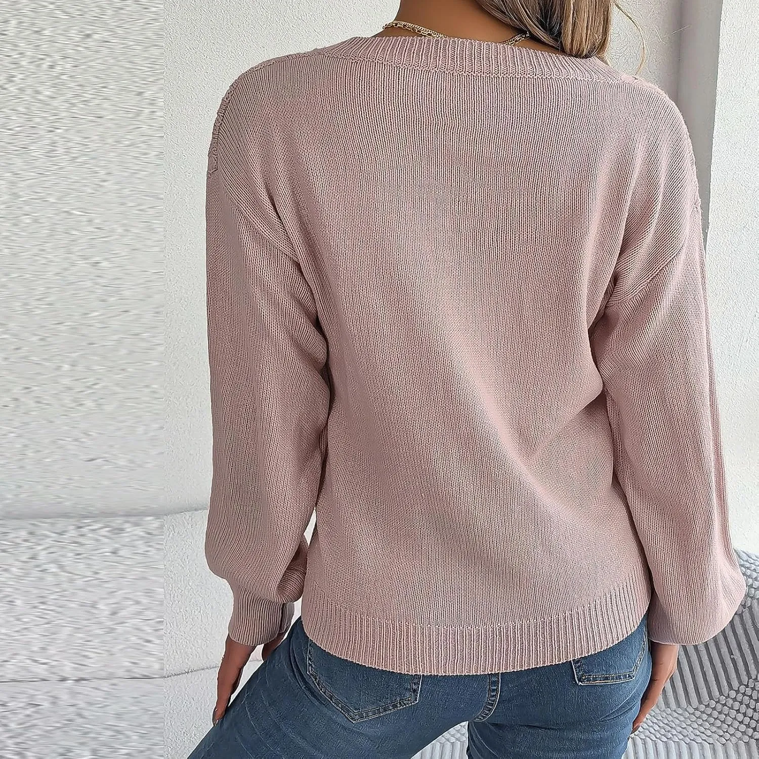 Women's Fall Tops 2024 Fashion Button V Neck Lantern Sleeve Shirts Blouse Knitted Casual Pullover Sweater Tops Cozy