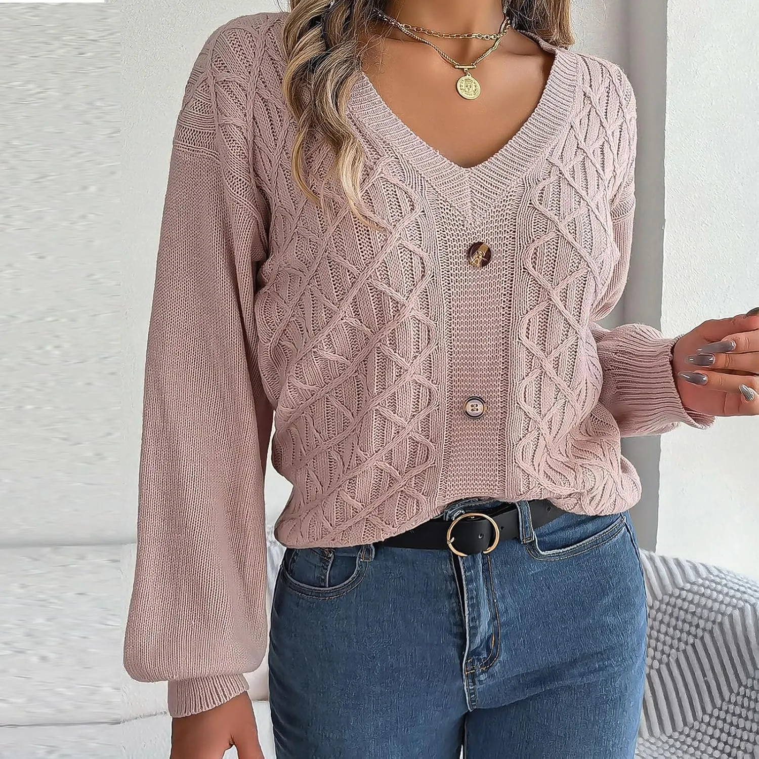 Women's Fall Tops 2024 Fashion Button V Neck Lantern Sleeve Shirts Blouse Knitted Casual Pullover Sweater Tops Cozy