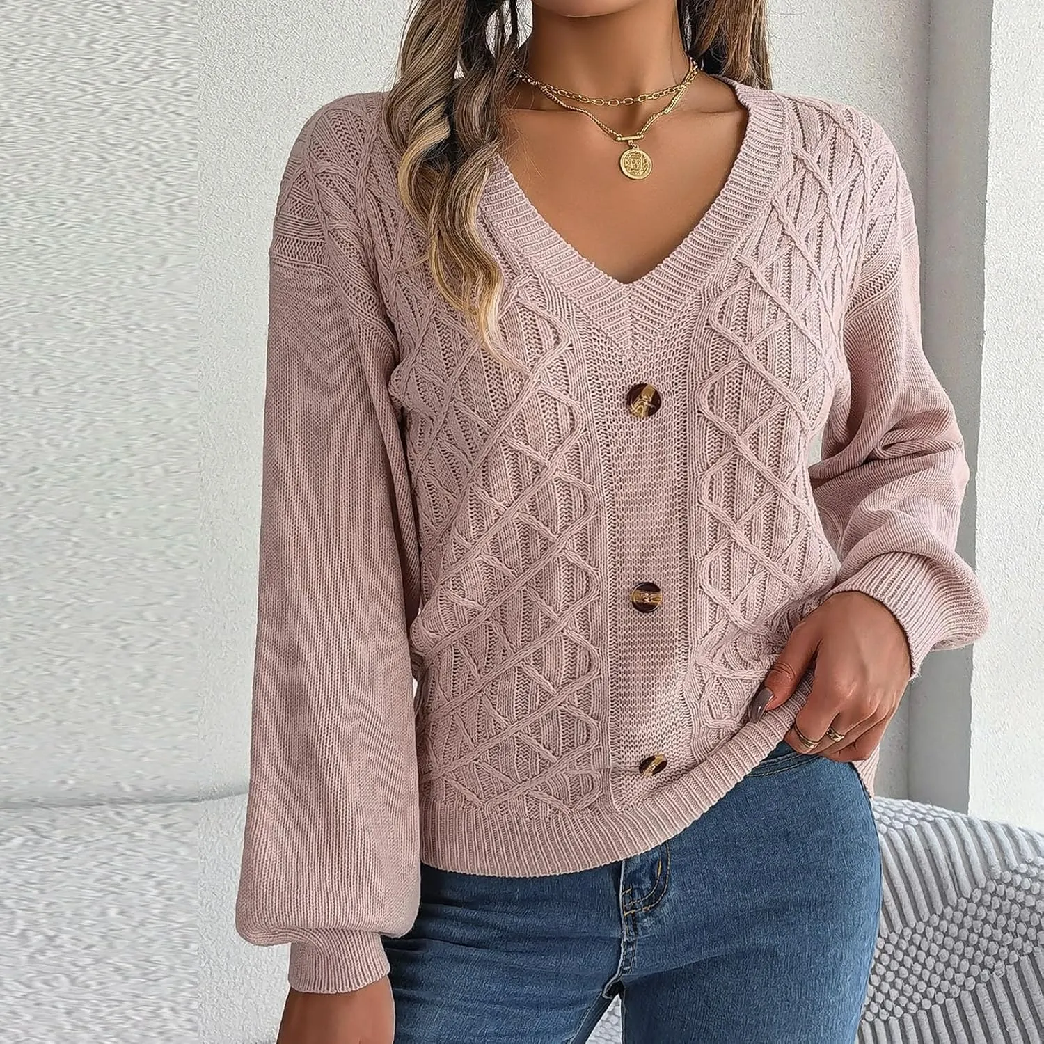 Women's Fall Tops 2024 Fashion Button V Neck Lantern Sleeve Shirts Blouse Knitted Casual Pullover Sweater Tops Cozy