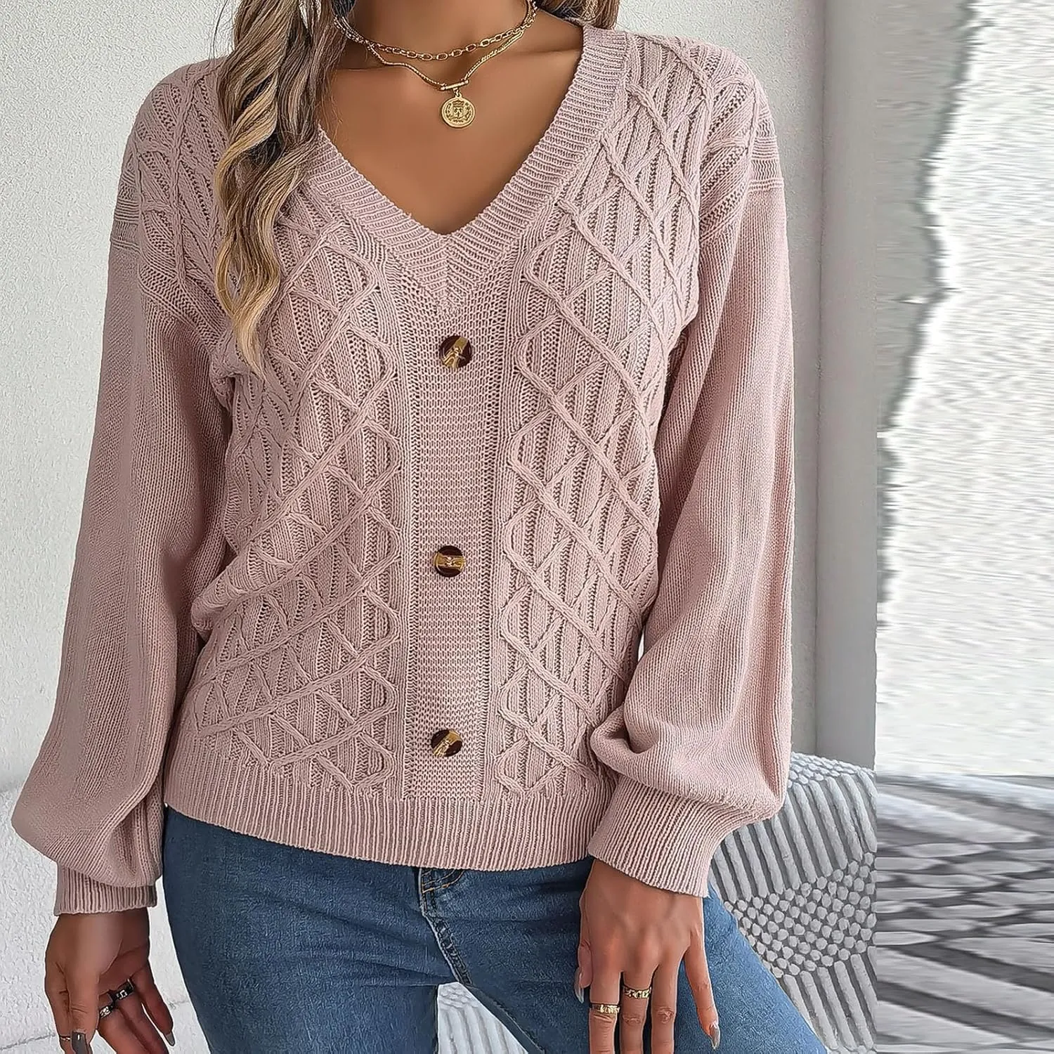 Women's Fall Tops 2024 Fashion Button V Neck Lantern Sleeve Shirts Blouse Knitted Casual Pullover Sweater Tops Cozy