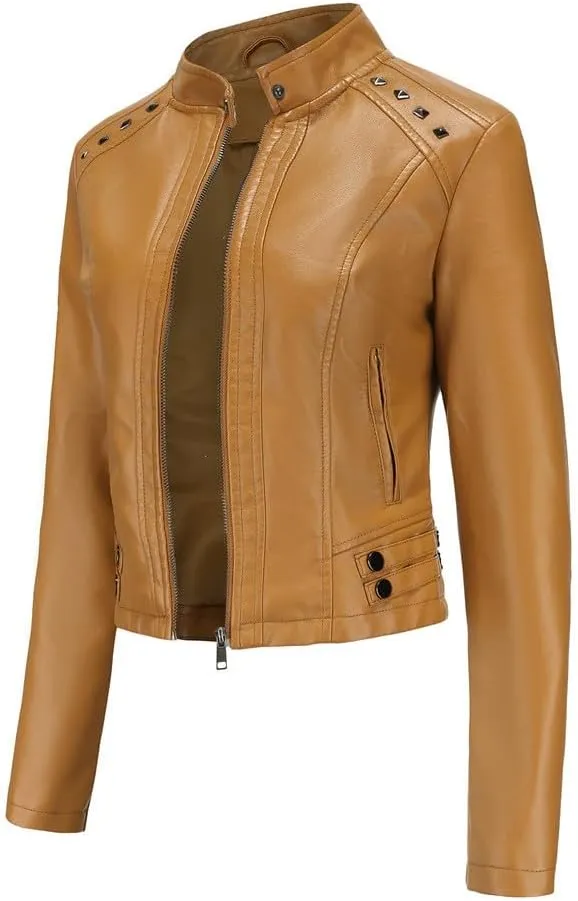 Womens Faux Leather Casual Jacket, Fall and Spring Fashion Zip Up Motorcycle Bike Coat, Winter Outfits Clothes 2024