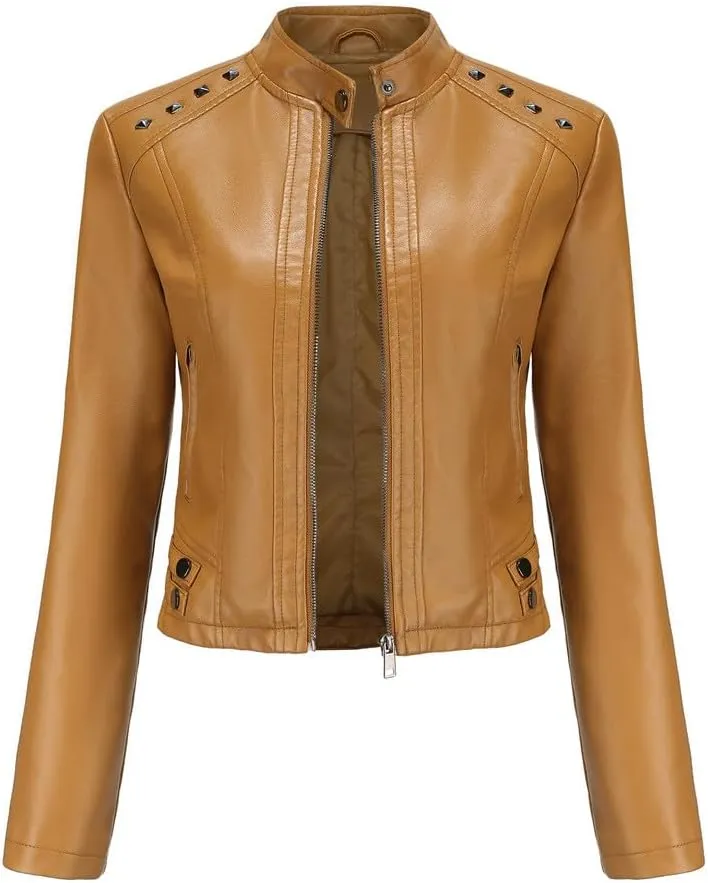 Womens Faux Leather Casual Jacket, Fall and Spring Fashion Zip Up Motorcycle Bike Coat, Winter Outfits Clothes 2024