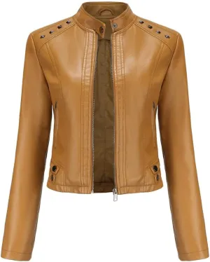 Womens Faux Leather Casual Jacket, Fall and Spring Fashion Zip Up Motorcycle Bike Coat, Winter Outfits Clothes 2024