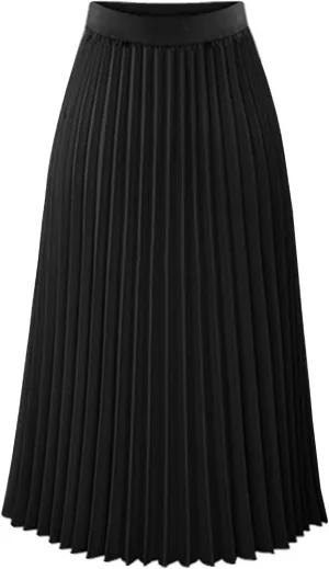 Womens High Elastic Waist Pleated Chiffon Skirt Midi Swing A-line Skirt Dressy Plain Solid Color Elegant Long Skirts