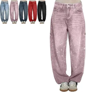 Women's High Waisted Rhinestone Jeans, Wide Leg Sparkly Harem Jeans, XS-3XL, Blue