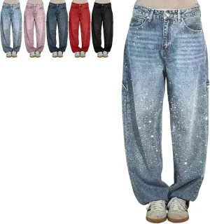 Women's High Waisted Rhinestone Jeans, Wide Leg Sparkly Harem Jeans, XS-3XL, Blue
