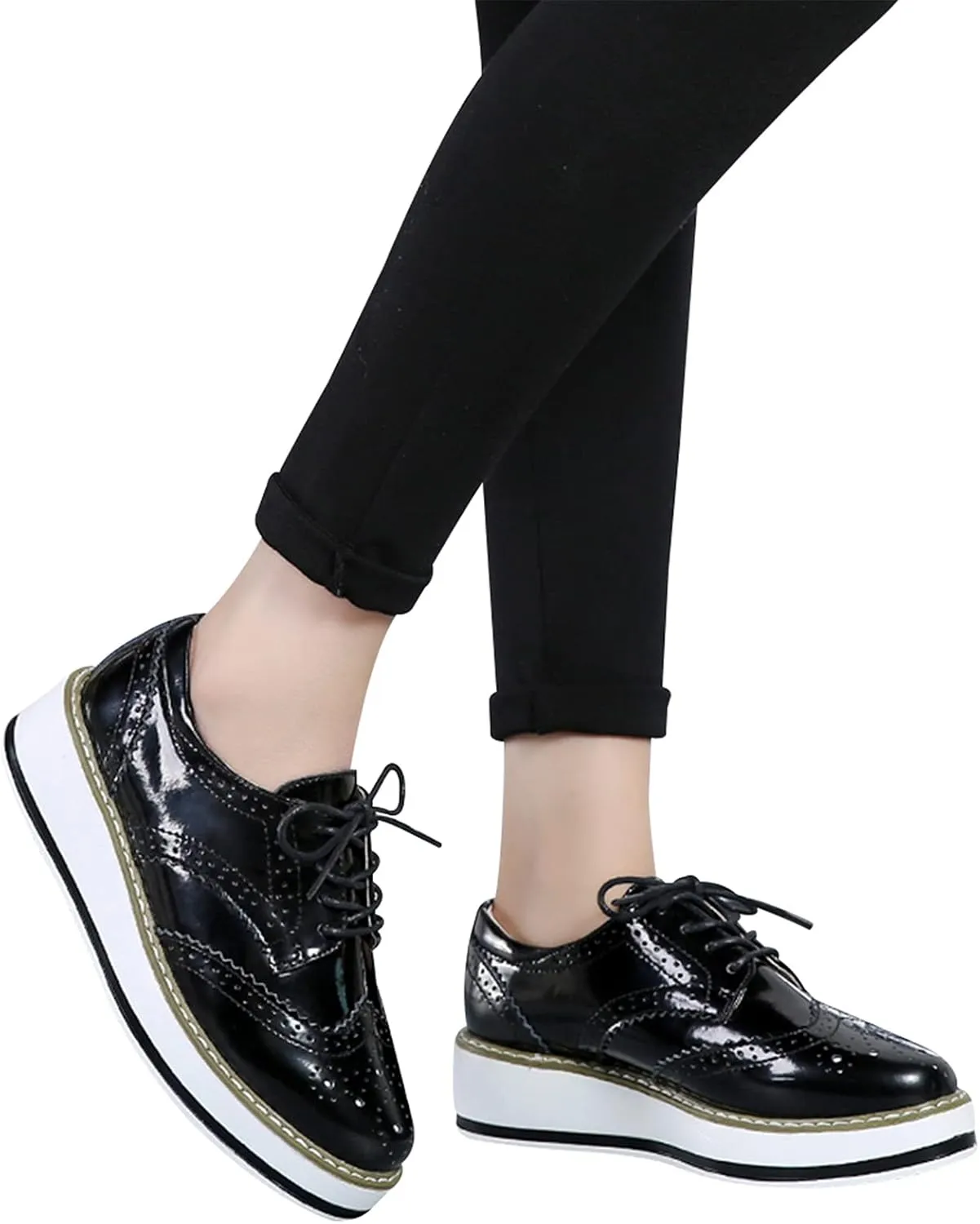 Women's Lace-Up Brogues Sneakers Causal Platform Round Toe Oxfords Shoes