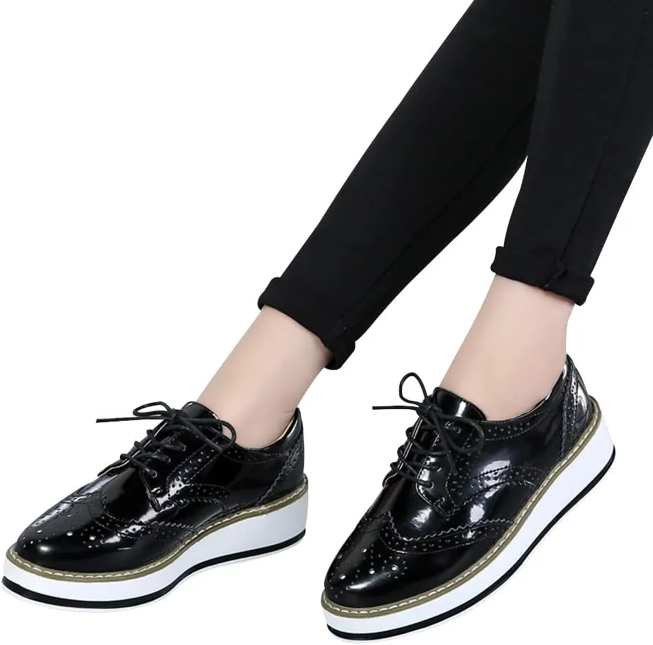Women's Lace-Up Brogues Sneakers Causal Platform Round Toe Oxfords Shoes