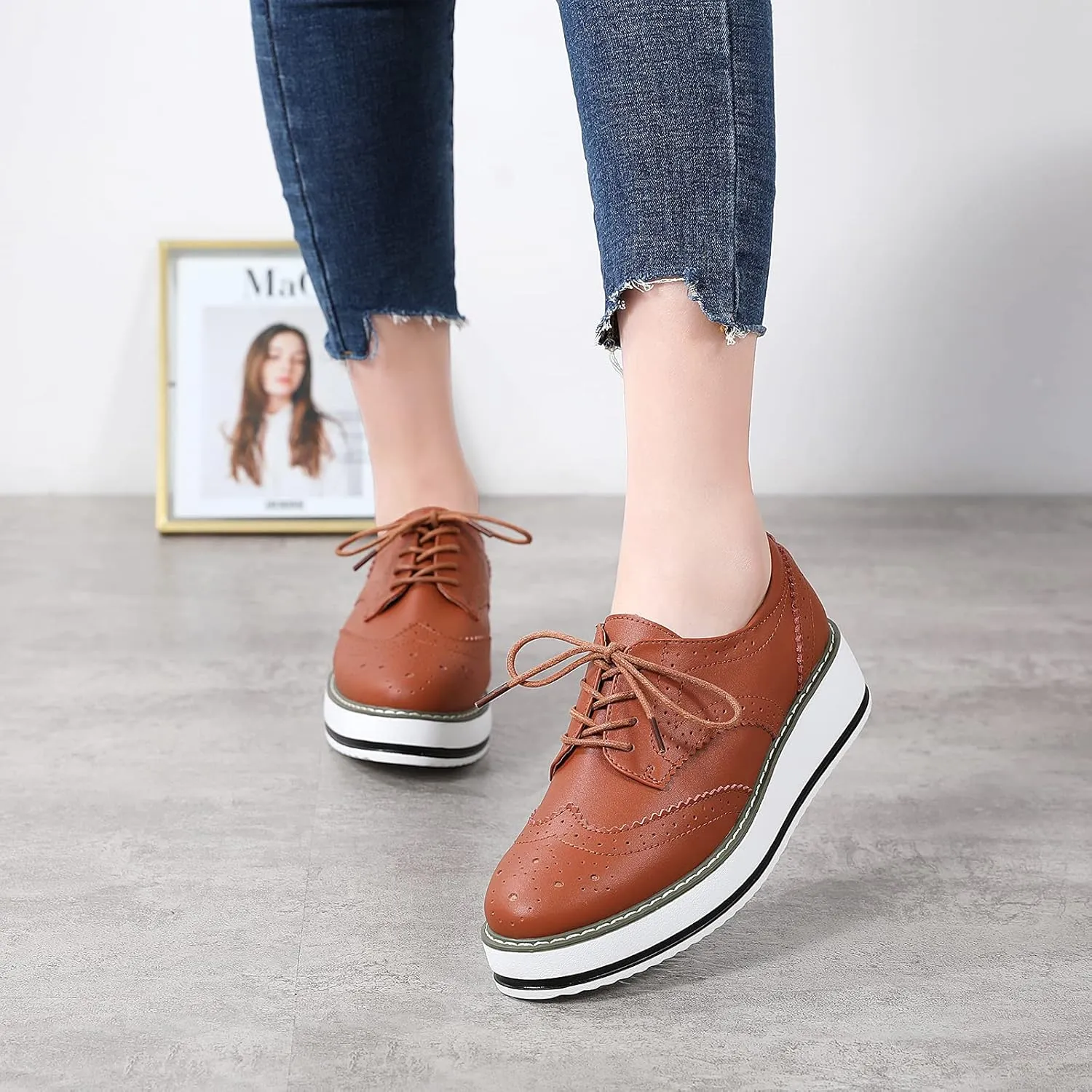 Women's Lace-Up Brogues Sneakers Causal Platform Round Toe Oxfords Shoes
