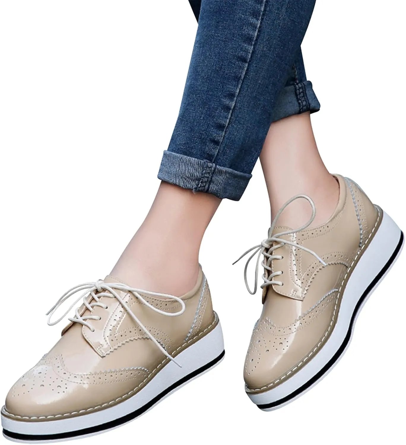 Women's Lace-Up Brogues Sneakers Causal Platform Round Toe Oxfords Shoes