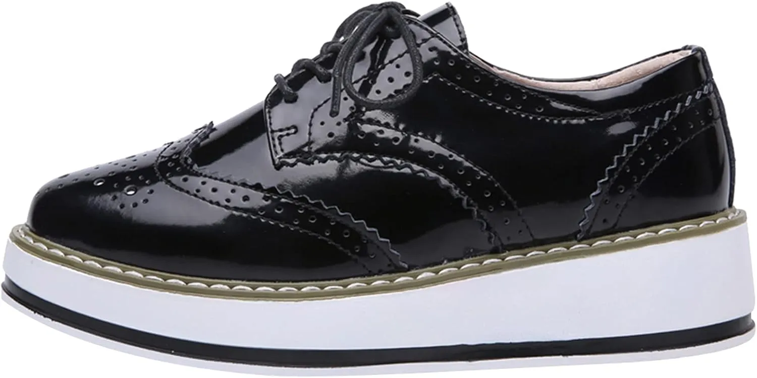 Women's Lace-Up Brogues Sneakers Causal Platform Round Toe Oxfords Shoes
