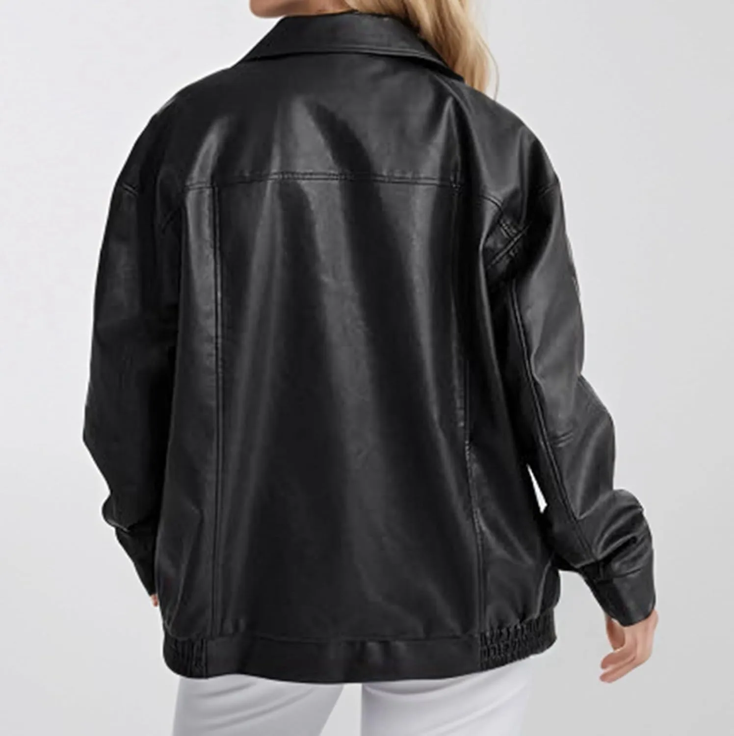Womens Leather Jackets Full Zip Up Long Sleeve Casual Motorcycle Outwear Fashion Solid Color Loose Fit Lightweight Coats