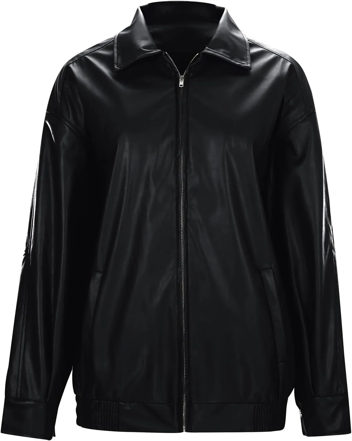 Womens Leather Jackets Full Zip Up Long Sleeve Casual Motorcycle Outwear Fashion Solid Color Loose Fit Lightweight Coats