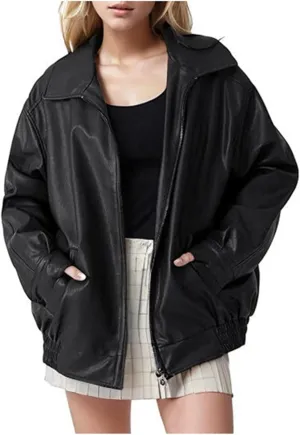 Womens Leather Jackets Full Zip Up Long Sleeve Casual Motorcycle Outwear Fashion Solid Color Loose Fit Lightweight Coats
