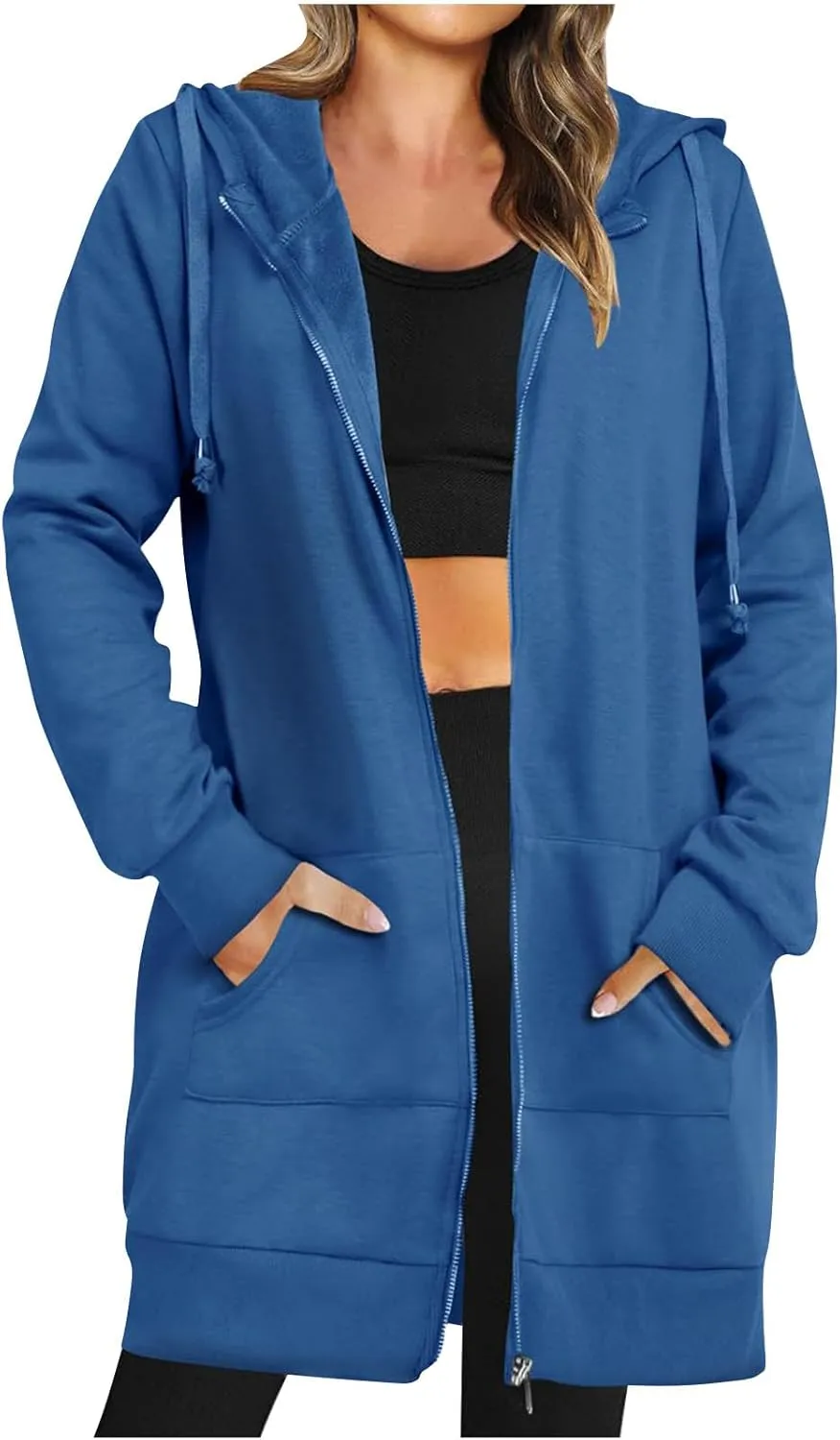 Womens Long Fleece Zip Up Jacket 2024 Fall Casual,Oversized Hoodie Sleeve Sweatshirt with Pockets Winter Coats