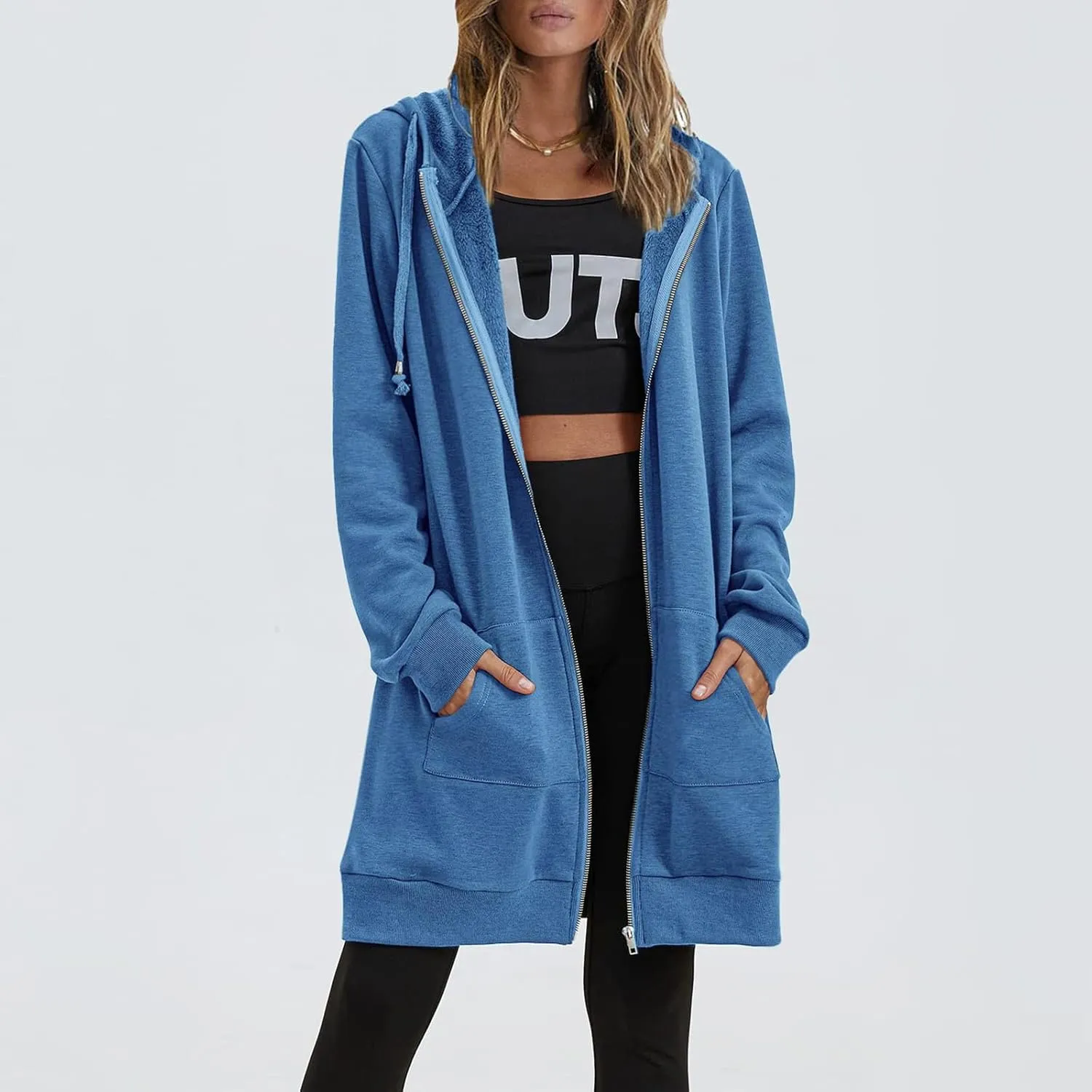 Womens Long Fleece Zip Up Jacket 2024 Fall Casual,Oversized Hoodie Sleeve Sweatshirt with Pockets Winter Coats