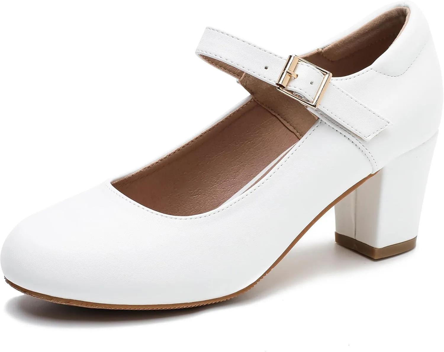 Women's Mary Jane Shoes Low Block Heel Ankle Strap Closed Round Toe Pumps Dress Wedding Office Work Church Shoes White Matte 43-10US