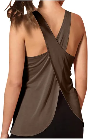 Women's Open Back Workout Tops Cropped Loose Fitness Soft Yoga Tank Tops Backless Athletic Shirt Gym Camisole Tops