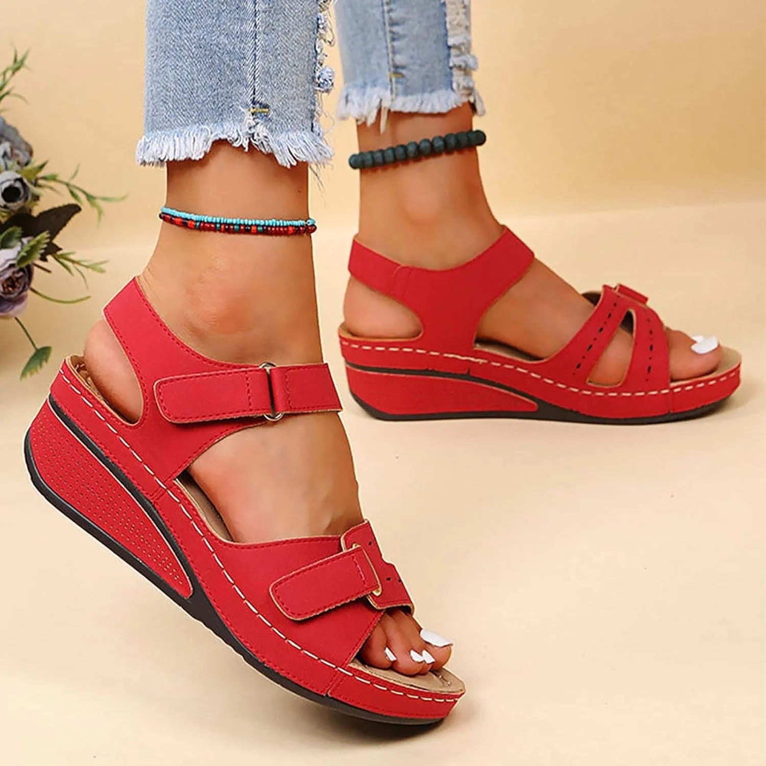 Womens Orthopedic Sandals, Summer Arch Support Walking Shoes Casual Low Platform Orthotic Wedges with Back Strap