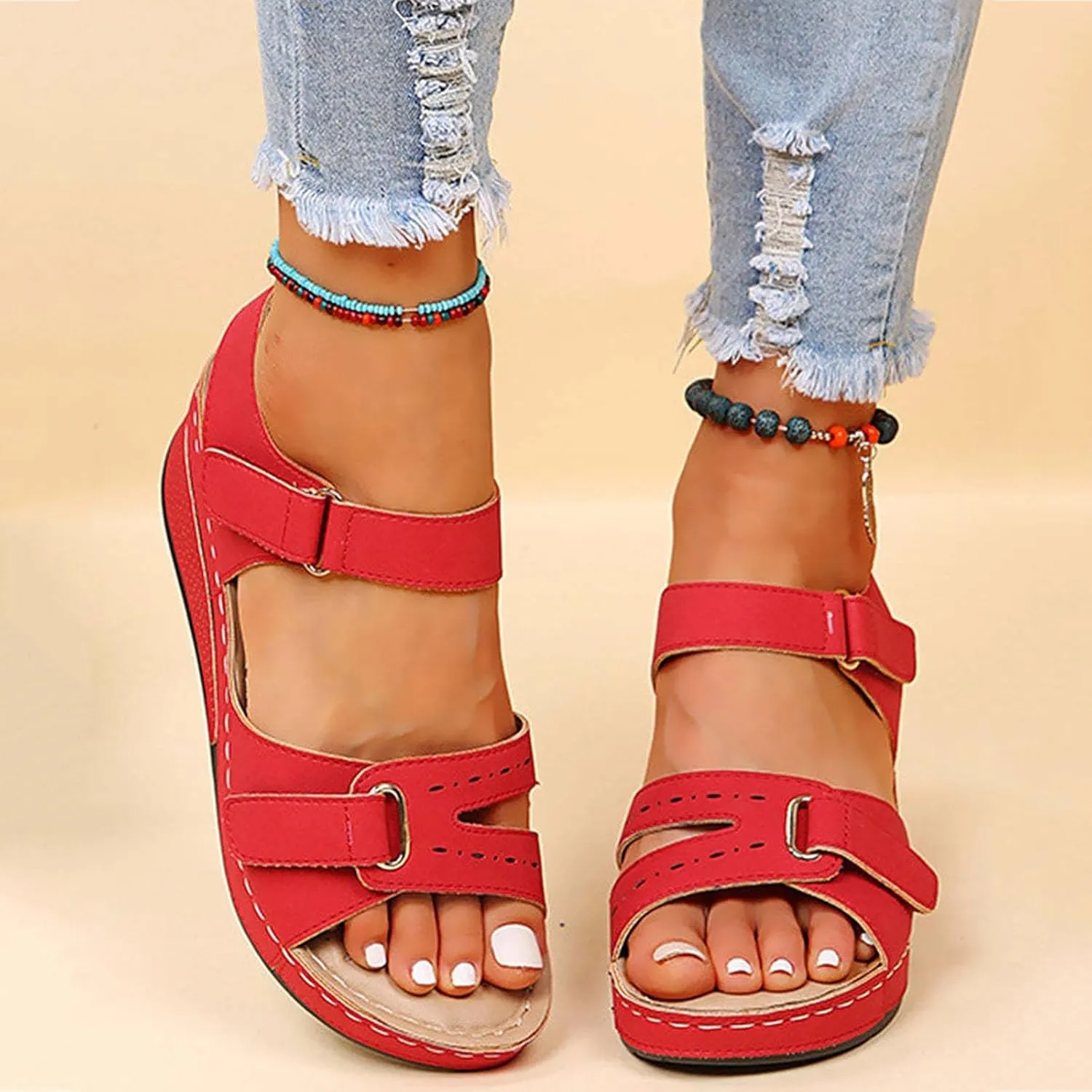 Womens Orthopedic Sandals, Summer Arch Support Walking Shoes Casual Low Platform Orthotic Wedges with Back Strap