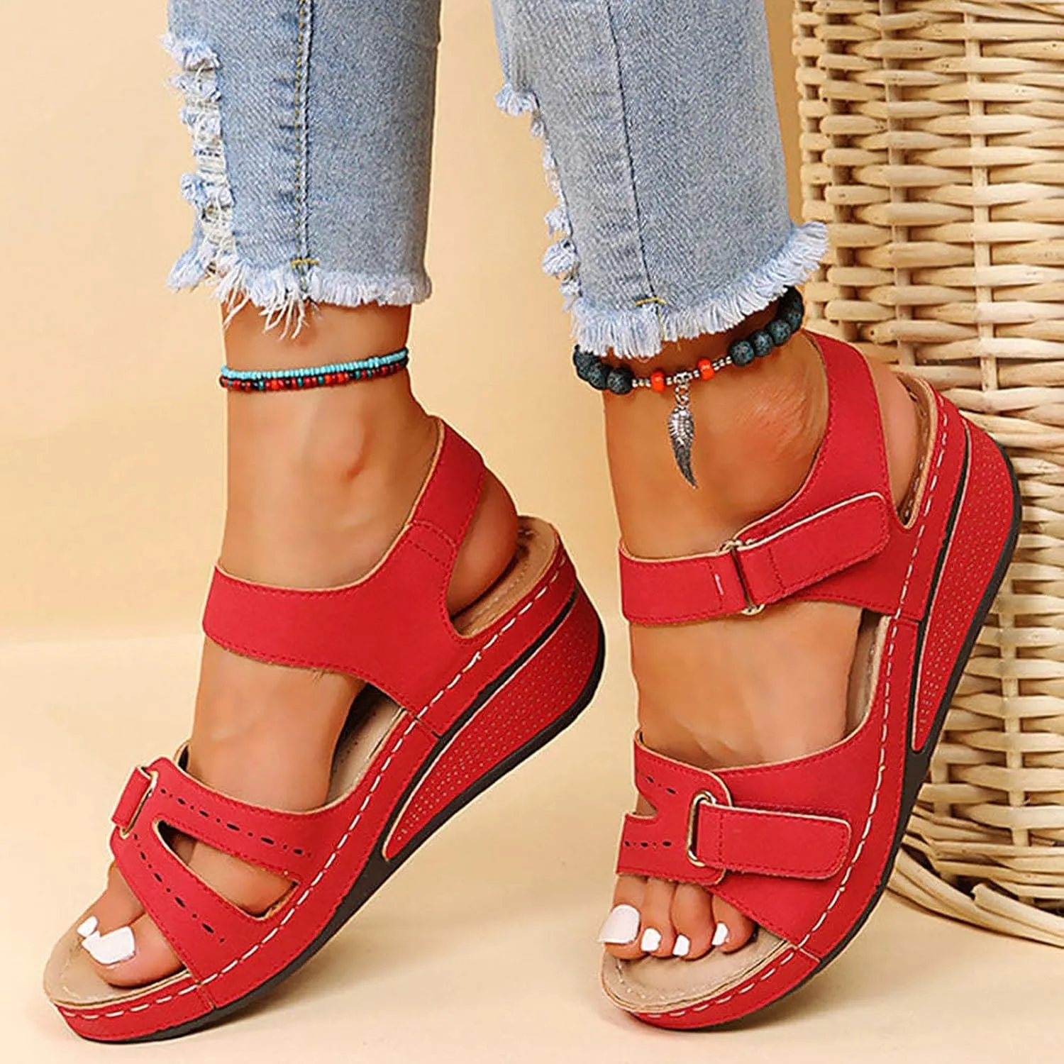 Womens Orthopedic Sandals, Summer Arch Support Walking Shoes Casual Low Platform Orthotic Wedges with Back Strap