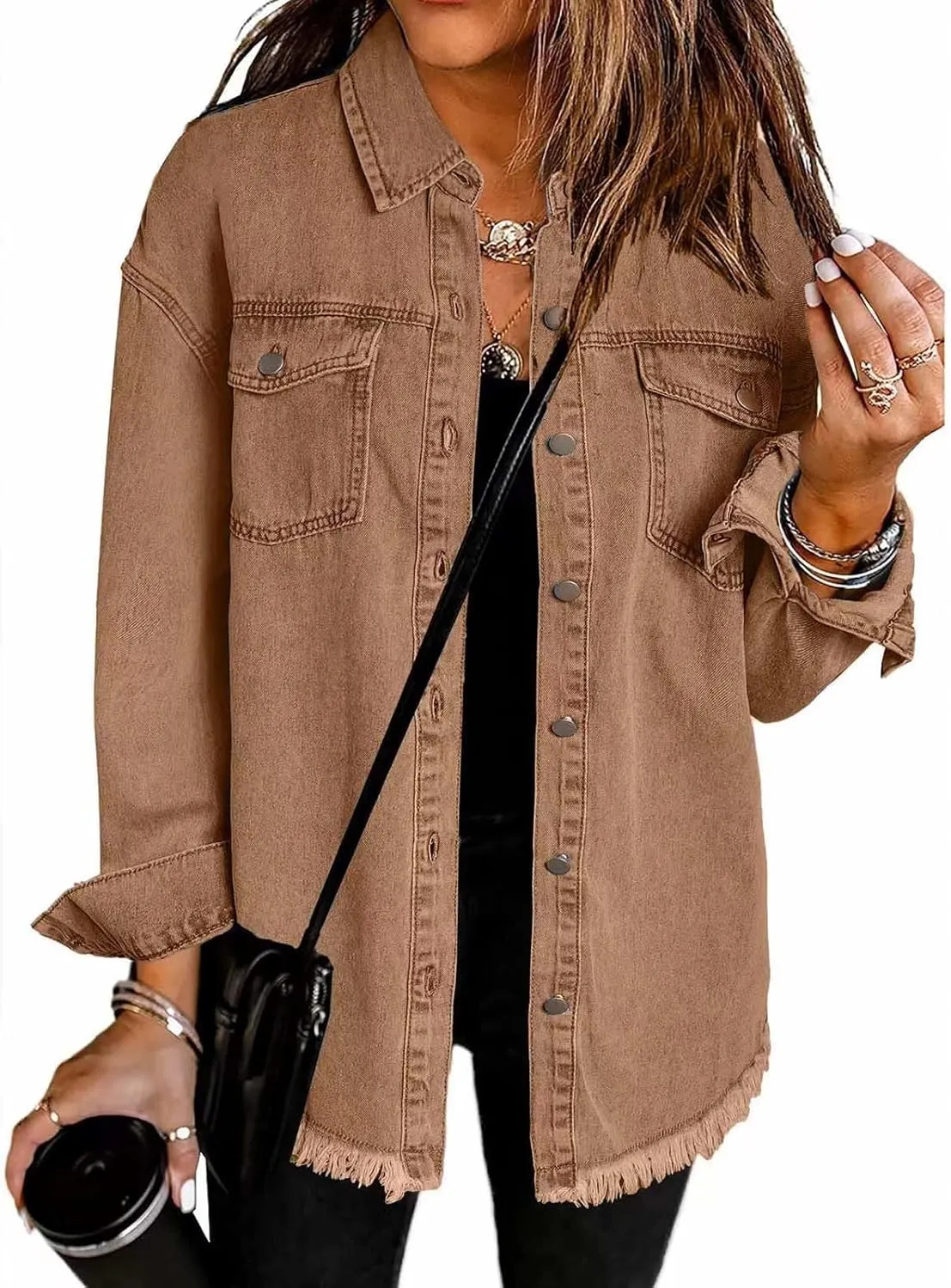 Women's Oversized Denim Jacket Lightweight Casual Long Sleeve Button Shirts Distressed Jean Jacket 2025 Fall Outfits