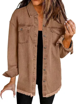 Women's Oversized Denim Jacket Lightweight Casual Long Sleeve Button Shirts Distressed Jean Jacket 2025 Fall Outfits