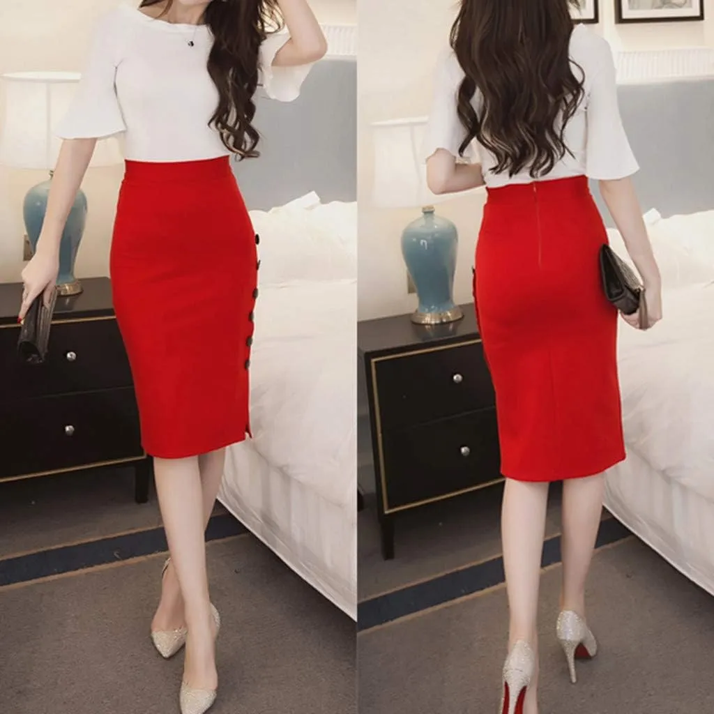 Womens Pencil Skirt Ladies High Waisted Button Slim fit skirts for women trendy Button Split Office Skirt Multiple Size