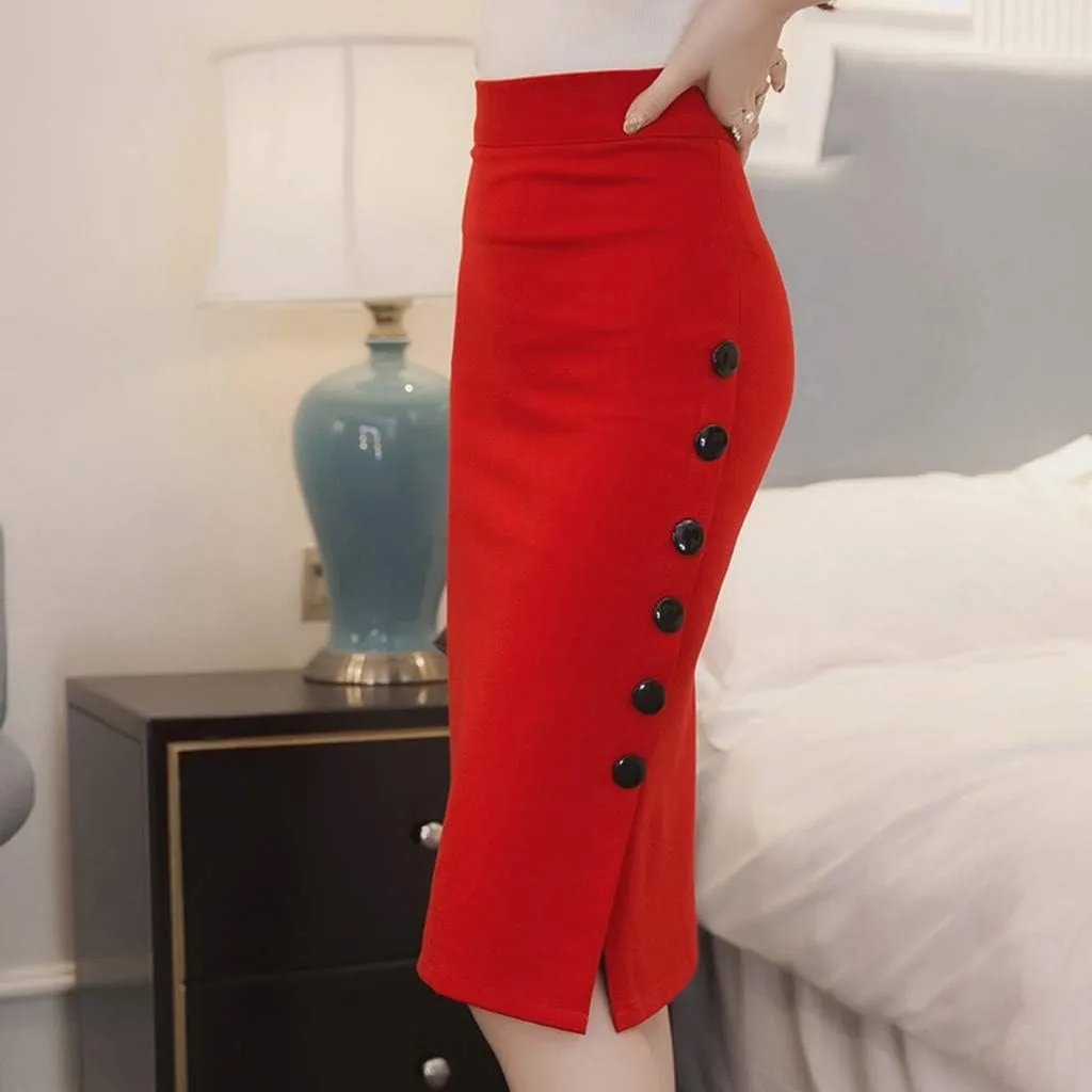 Womens Pencil Skirt Ladies High Waisted Button Slim fit skirts for women trendy Button Split Office Skirt Multiple Size