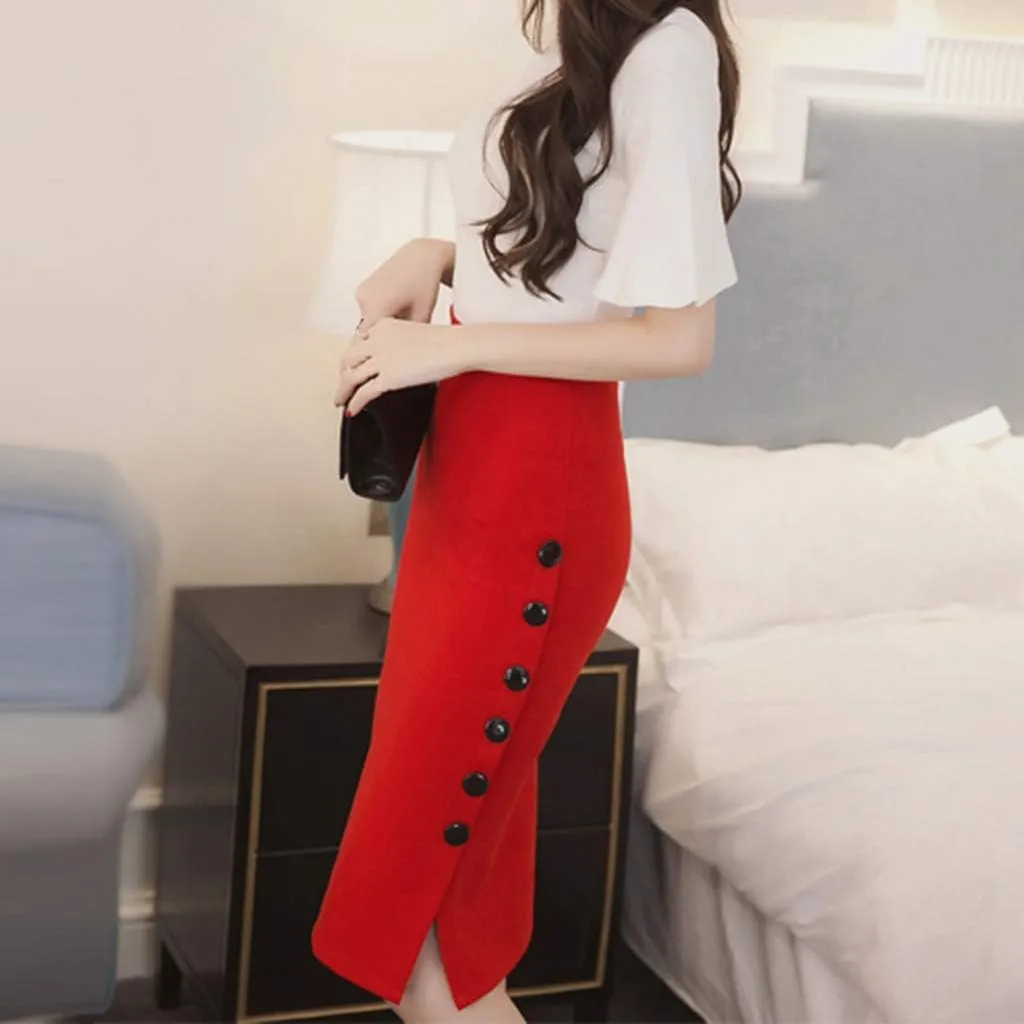 Womens Pencil Skirt Ladies High Waisted Button Slim fit skirts for women trendy Button Split Office Skirt Multiple Size