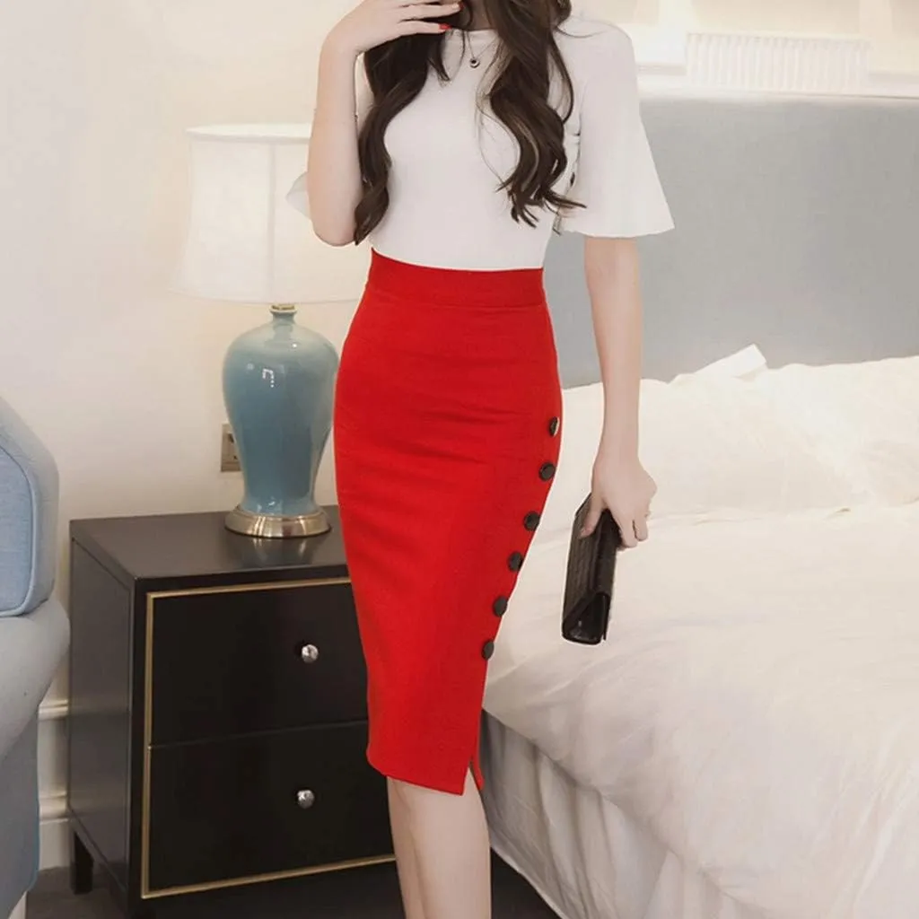 Womens Pencil Skirt Ladies High Waisted Button Slim fit skirts for women trendy Button Split Office Skirt Multiple Size