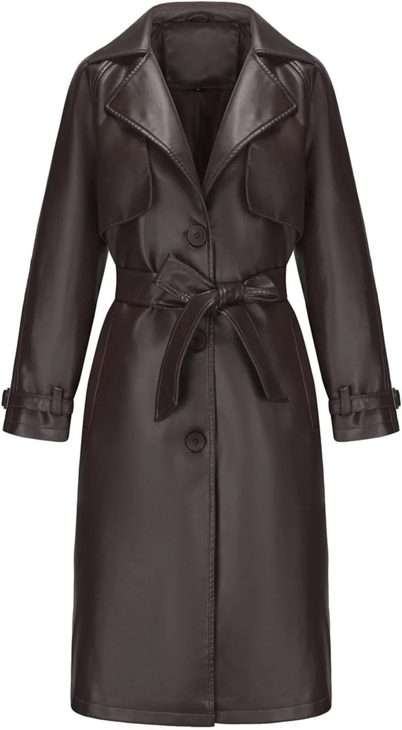 Womens PU Faux Leather Jacket Casual Lapel Long Suit Trench Coat Outerwear Leather Mid Long Jacket Coat with Pockets