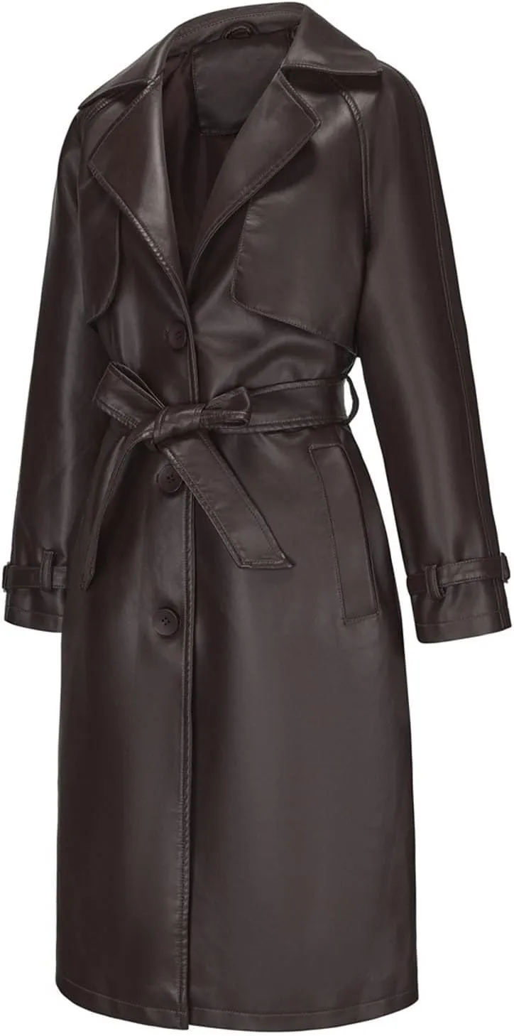 Womens PU Faux Leather Jacket Casual Lapel Long Suit Trench Coat Outerwear Leather Mid Long Jacket Coat with Pockets