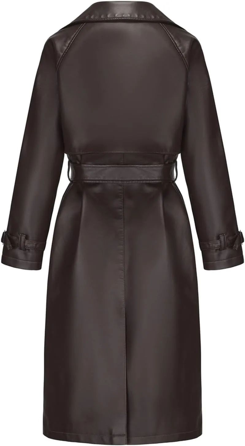 Womens PU Faux Leather Jacket Casual Lapel Long Suit Trench Coat Outerwear Leather Mid Long Jacket Coat with Pockets