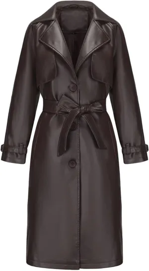 Womens PU Faux Leather Jacket Casual Lapel Long Suit Trench Coat Outerwear Leather Mid Long Jacket Coat with Pockets