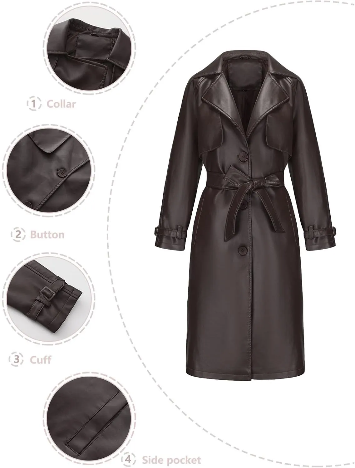 Womens PU Faux Leather Jacket Casual Lapel Long Suit Trench Coat Outerwear Leather Mid Long Jacket Coat with Pockets