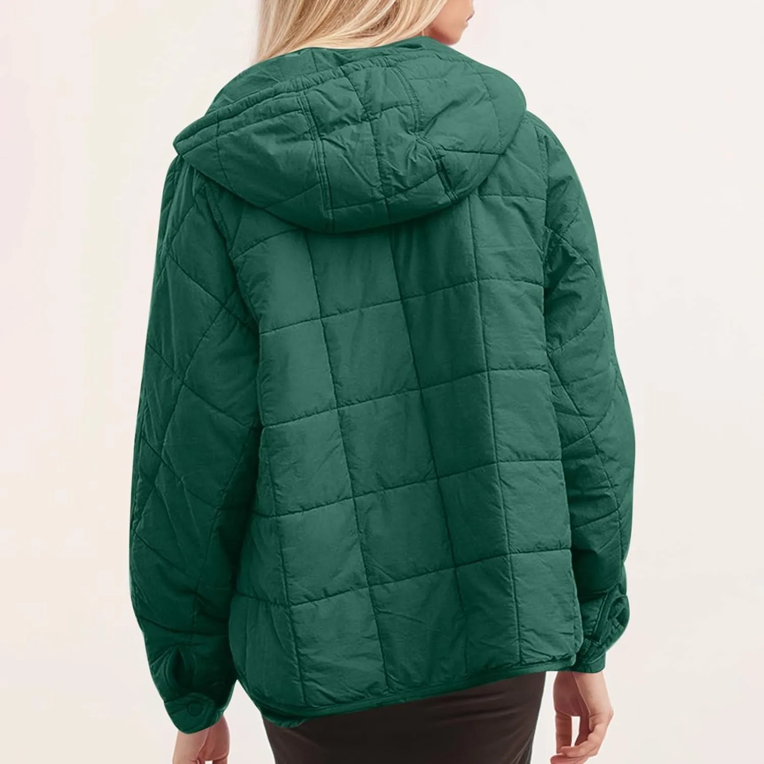 Womens Quilted Puffer Jacket Long Sleeve Winter Hooded Coat Lightweight Casual V Neck High-Low Hem Warm Jackets