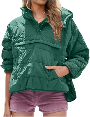 Womens Quilted Puffer Jacket Long Sleeve Winter Hooded Coat Lightweight Casual V Neck High-Low Hem Warm Jackets