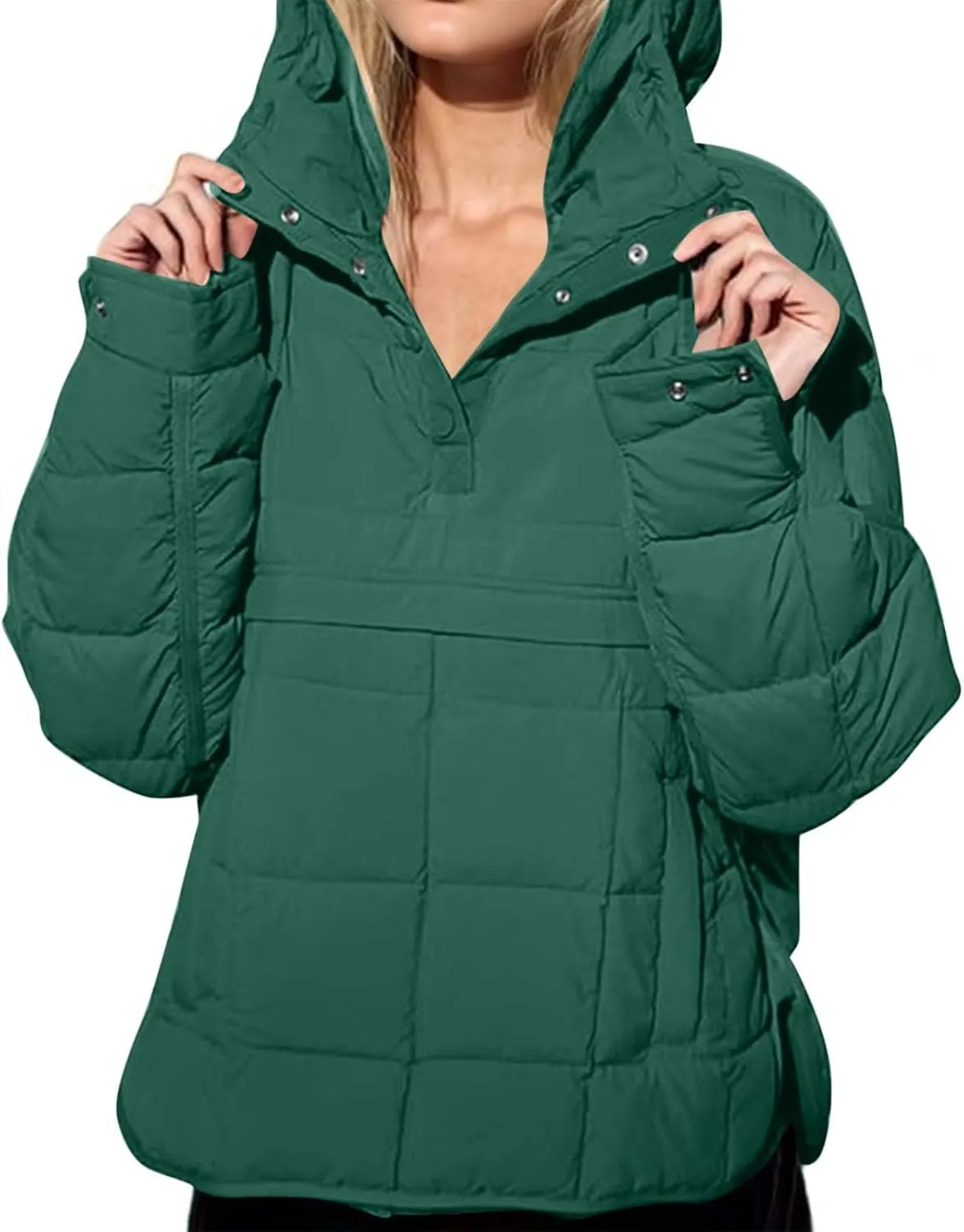 Womens Quilted Puffer Jacket Long Sleeve Winter Hooded Coat Lightweight Casual V Neck High-Low Hem Warm Jackets