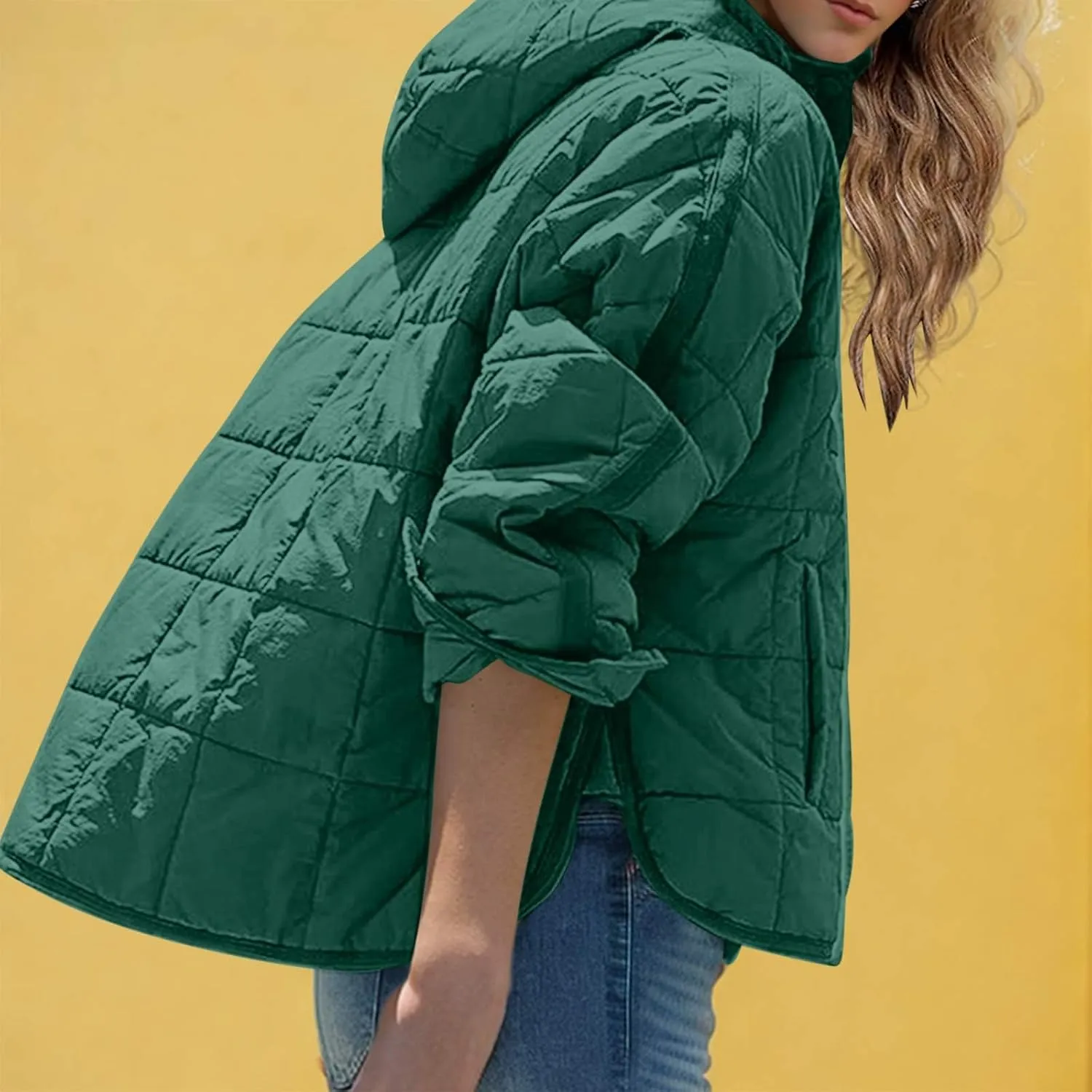 Womens Quilted Puffer Jacket Long Sleeve Winter Hooded Coat Lightweight Casual V Neck High-Low Hem Warm Jackets