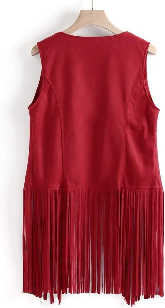 Womens Retro Western Fringe Vest Tops Classic Suede Leather 70s Cowboy Shirt Sleeveless Tassels Cardigan Jackets