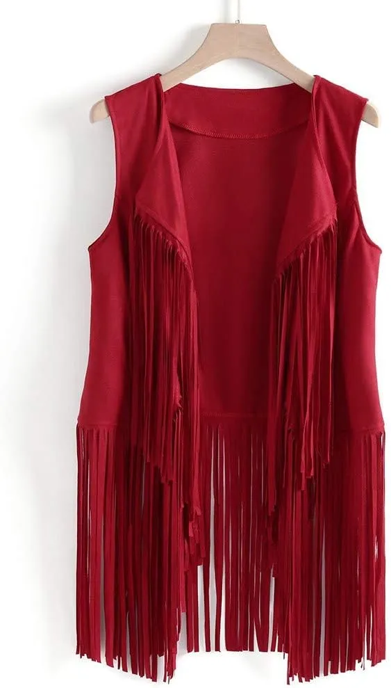 Womens Retro Western Fringe Vest Tops Classic Suede Leather 70s Cowboy Shirt Sleeveless Tassels Cardigan Jackets